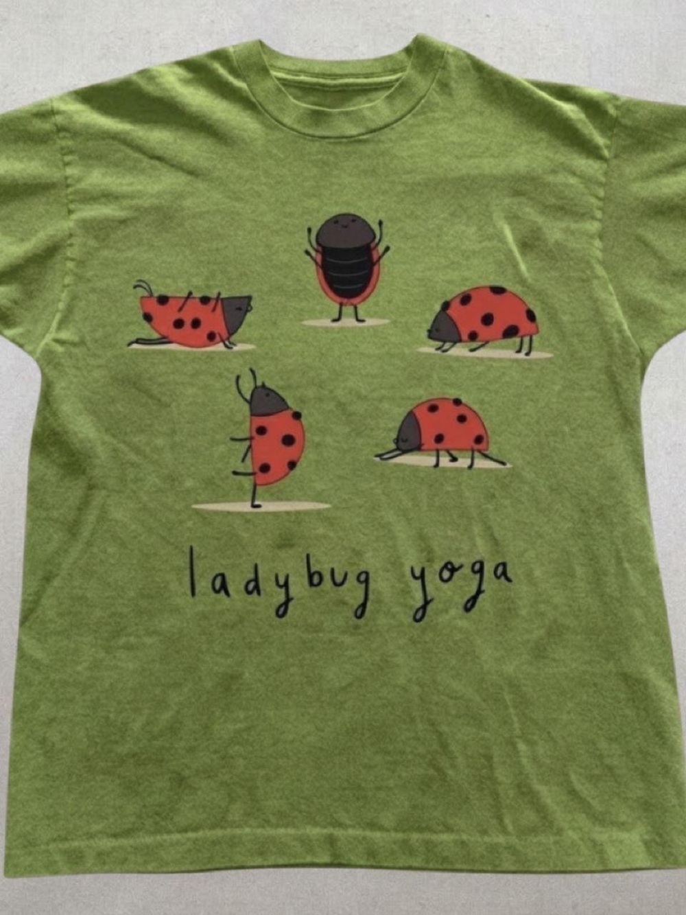 Gildan Green Tee with Red Ladybug Yoga Graphic